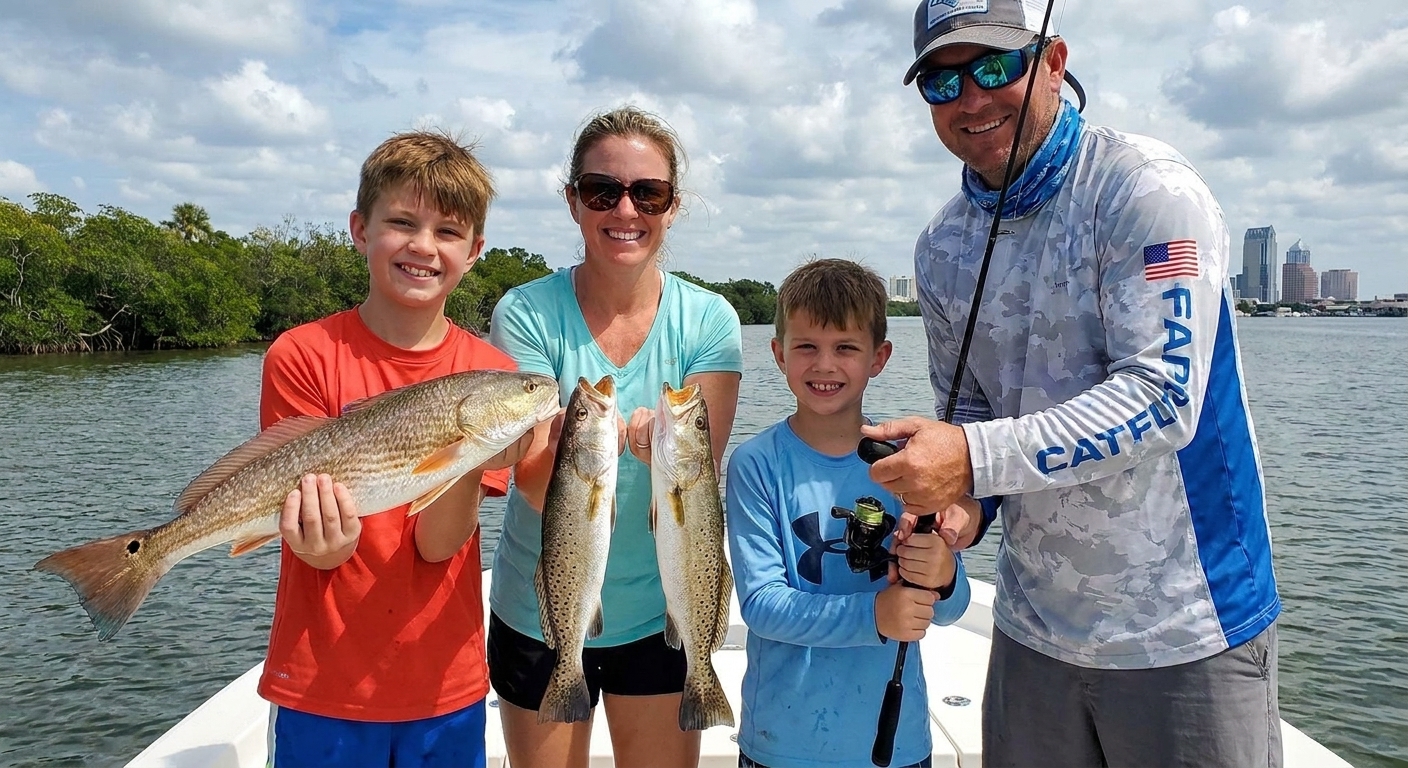 Anglers catching multiple fish on a half day Tampa Bay fishing charter