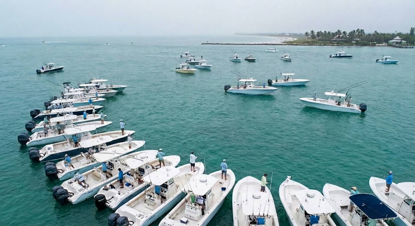 Crowded tarpon fishing boats in Boca Grande during peak season
