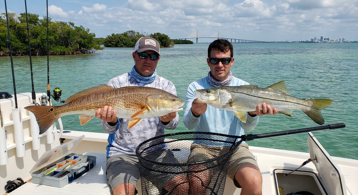 Angler holding both redfish and snook caught on a Tampa Bay fishing trip