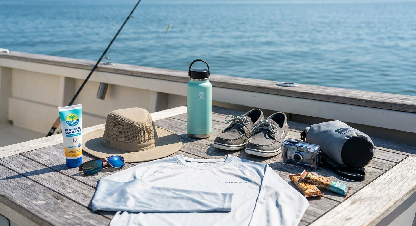Essential items to bring on a Tampa Bay fishing charter, such as sun protection, water, snacks, and proper clothing